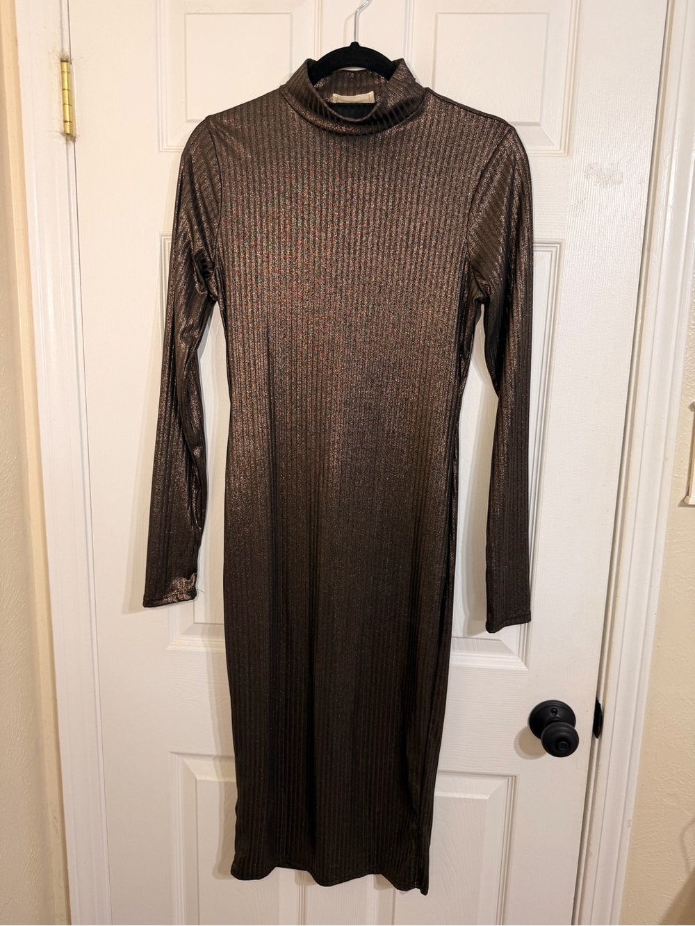 Metallic Ribbed Long-Sleeve Turtleneck Midi Dress in Bronze
